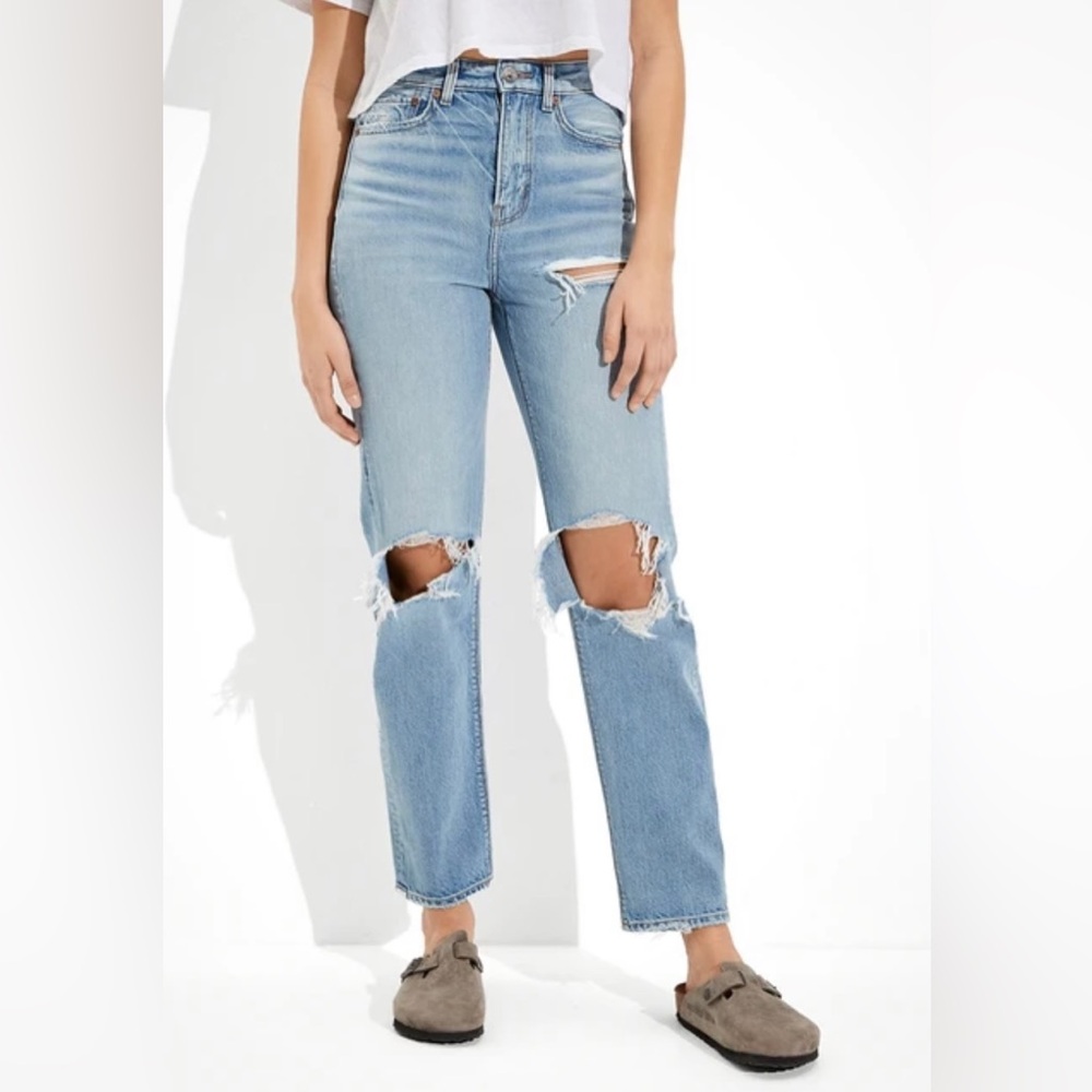 American Eagle Highest Rise 90s Boyfriend Jeans Distressed Blue Comfort Stretch